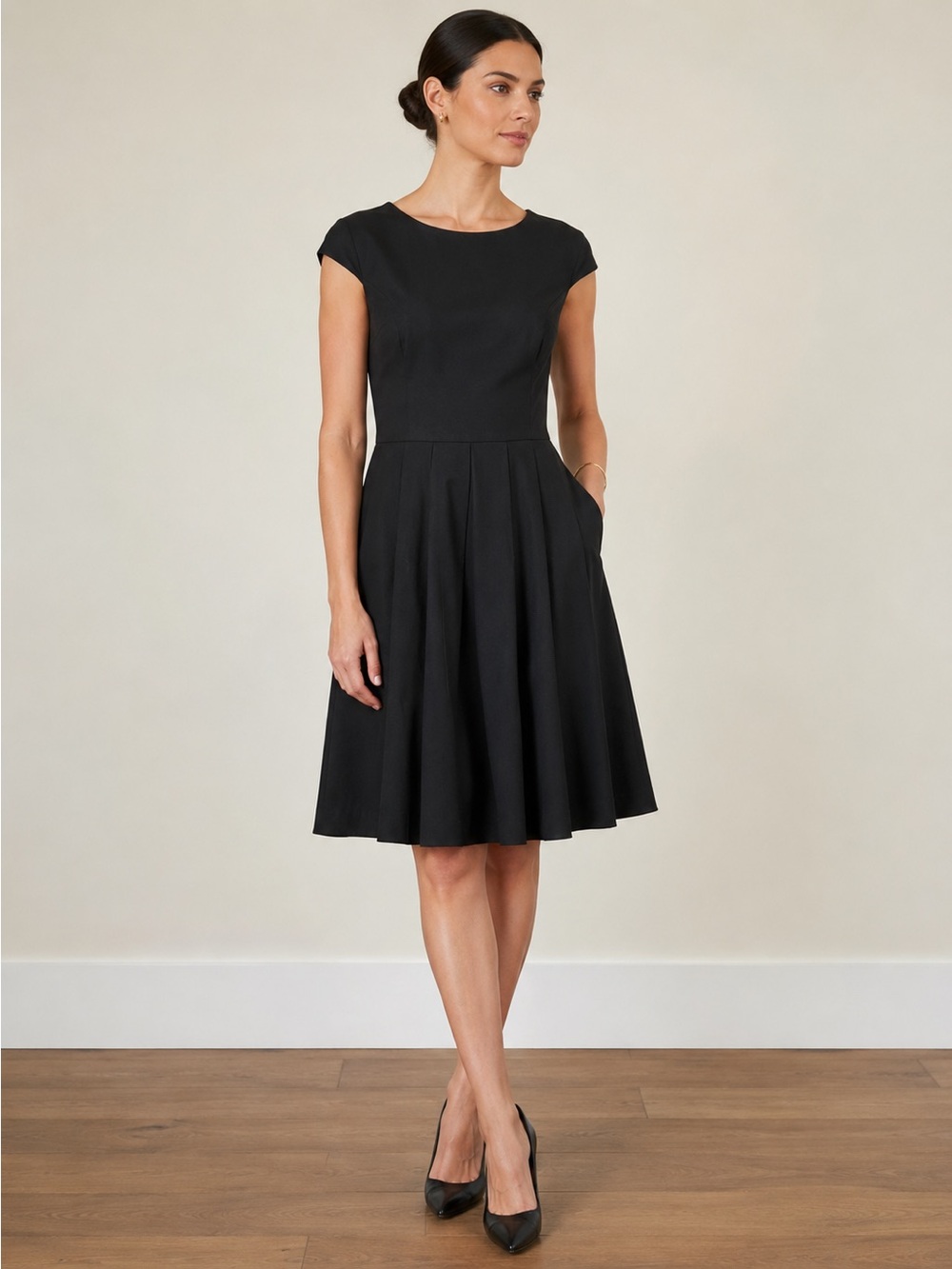 Vintage Anne Klein Black Pleated Midi Dress 90s Minimalist Size 8 LBD